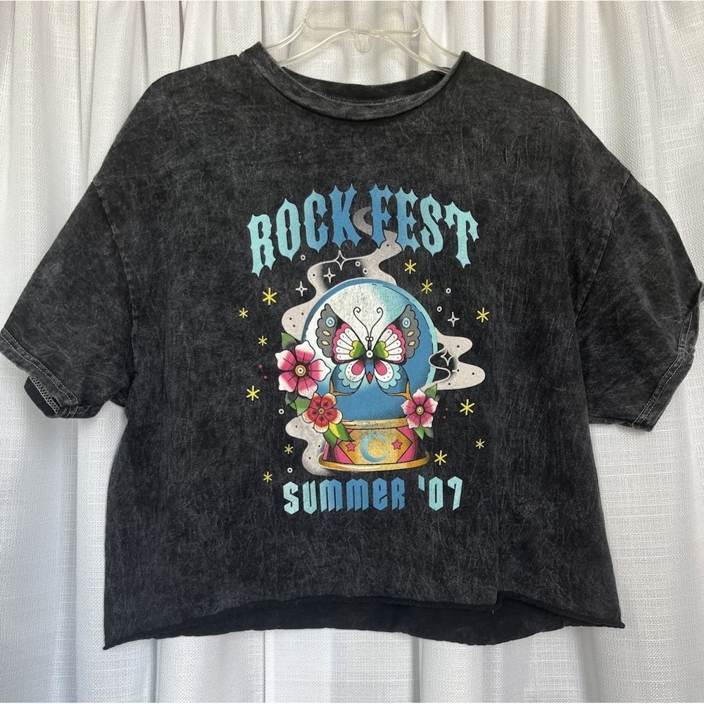 Vintage Fifth Sun 2007 Summer Rock Fest T Shirt Crop Butterfly Black Large